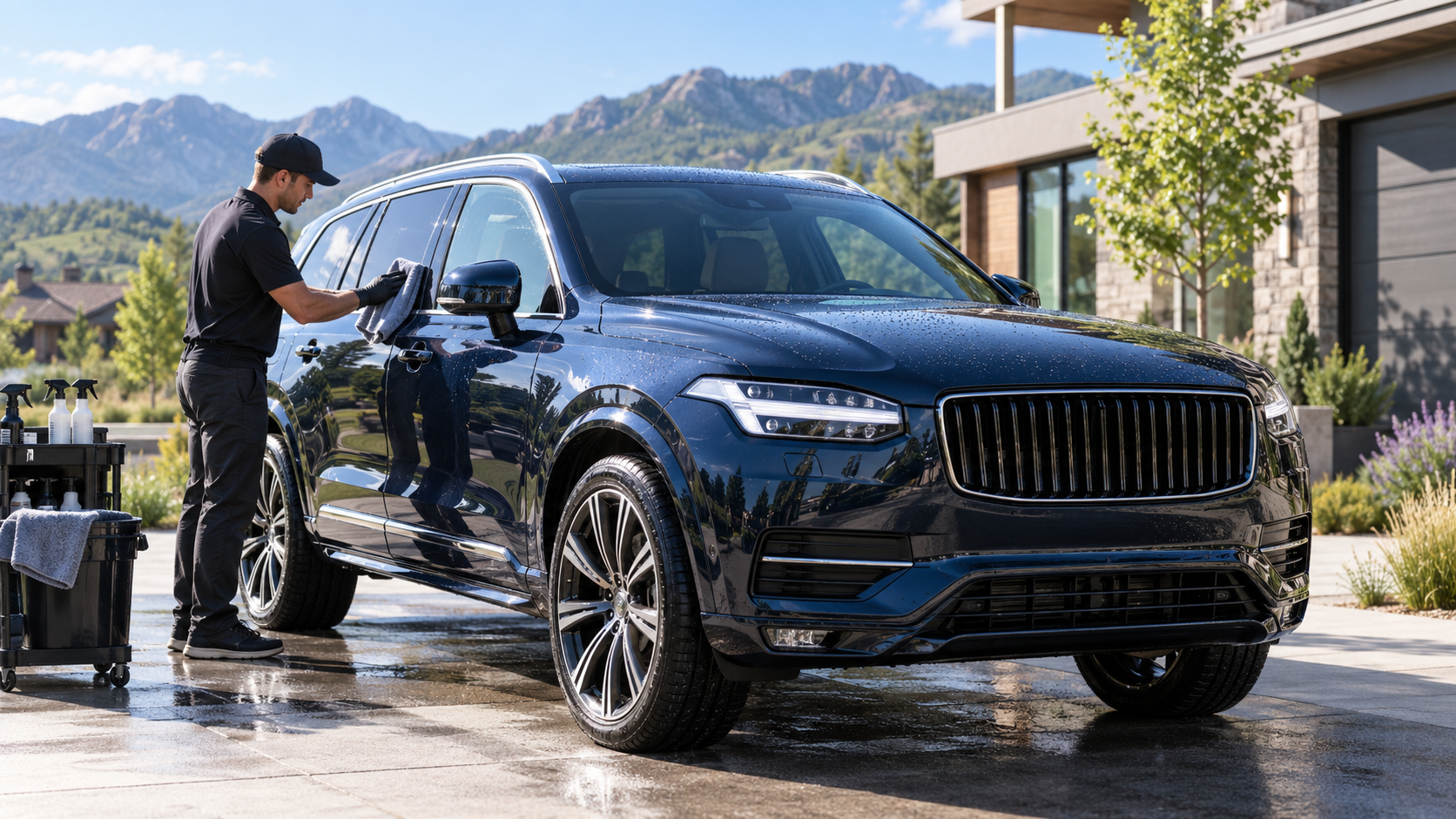 Professional detailer polishing a dark blue SUV at a Colorado home